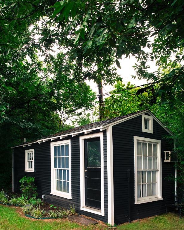 Exterior View of Cottage With White Trim and Full Length Windows Exterior Black and White Cottage