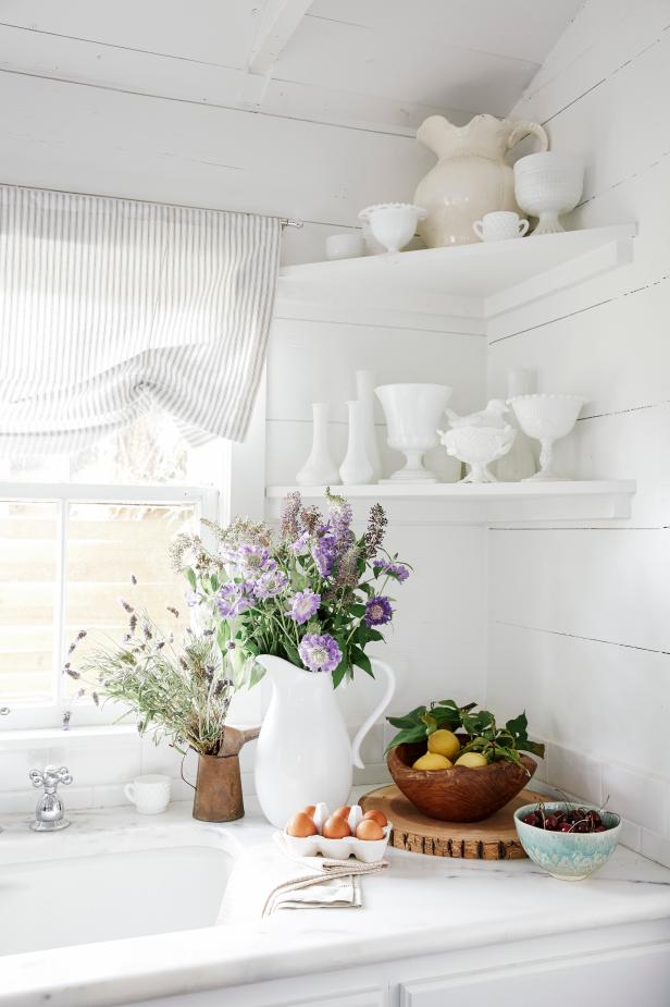 Corner Milk Glass Display in White Country Kitchen Corner Milk Glass Display in White Country Kitchen