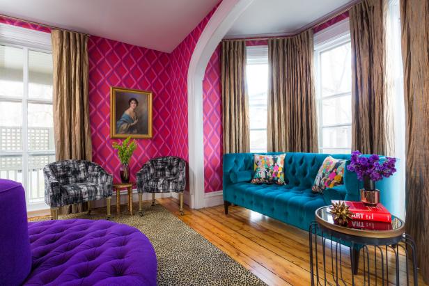 Vibrant Sitting Room With Hot Pink Walls and Bold, Tufted Furniture Vibrant Sitting Room With Hot Pink Walls and Bold, Tufted Furniture