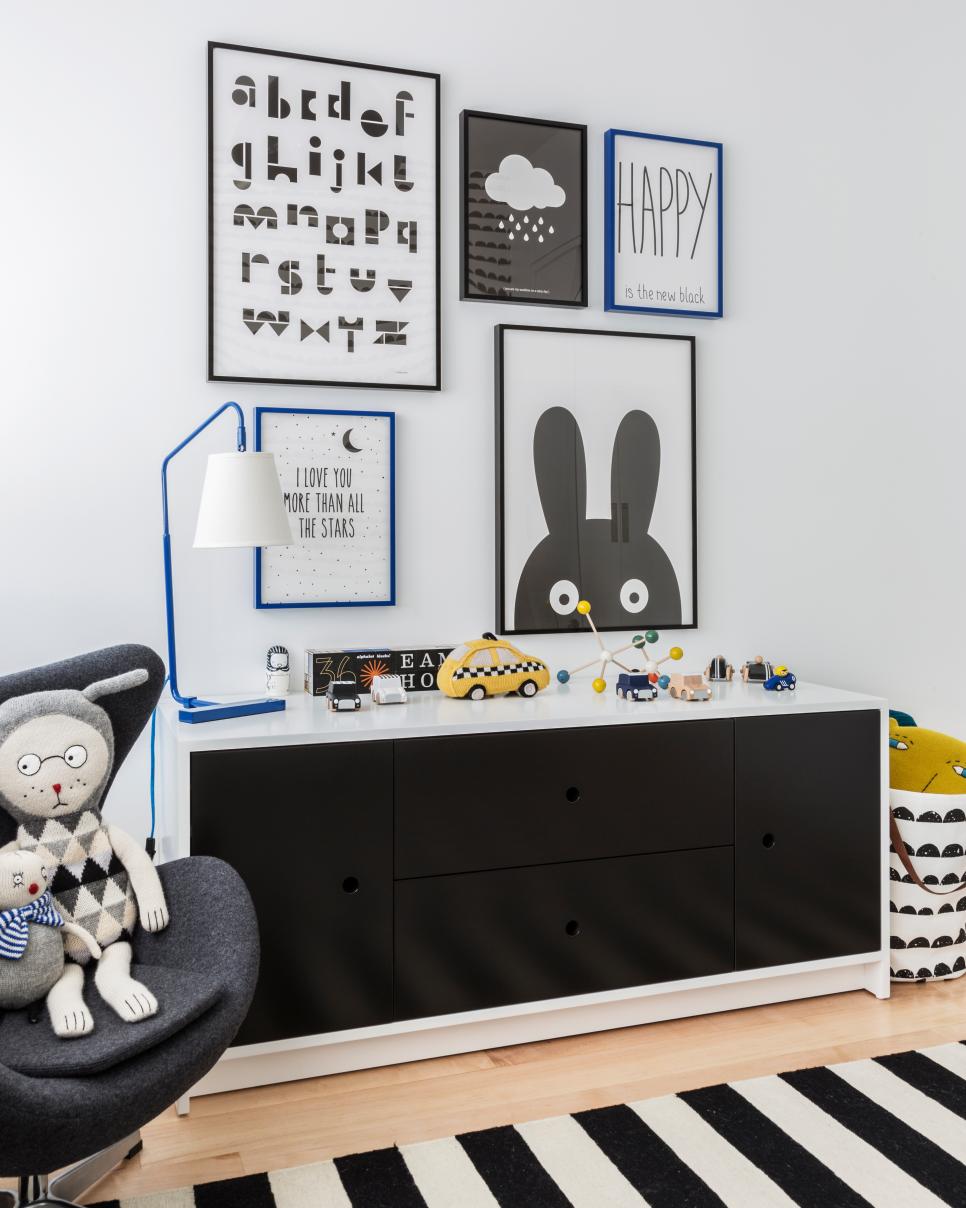 Child's Black-and-White Playroom With Framed Prints Child's Black-and-White Playroom With Framed Prints