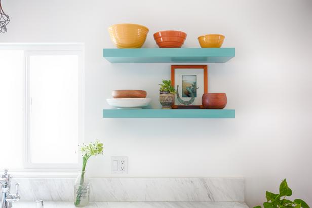 Blue Floating Kitchen Shelves With Bowls Blue Floating Kitchen Shelves With Bowls