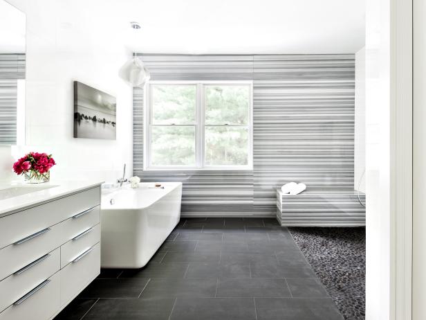 Gray Marble Accent Wall Wows in Modern Bathroom Gray Marble Accent Wall Wows in Modern Bathroom