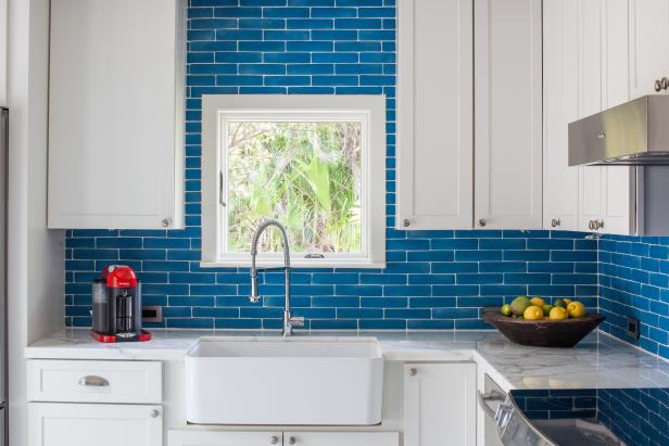 Bright Blue Backsplash in 1940s Vintage Glam Kitchen Bright Blue Backsplash in 1940s Vintage Glam Kitchen