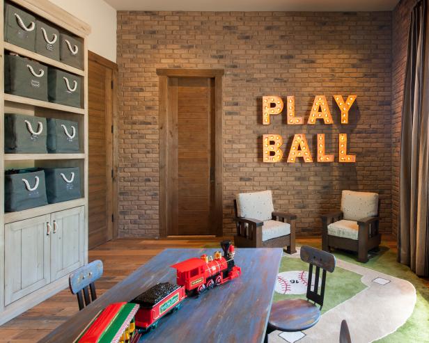Neutral Rustic Playroom With Marquee Letters Neutral Rustic Playroom With Marquee Letters