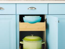 Sky Blue Kitchen Cabinets With Roll-Out Shelves