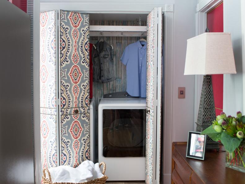 Laundry Room With Patterned Bifold Doors 
