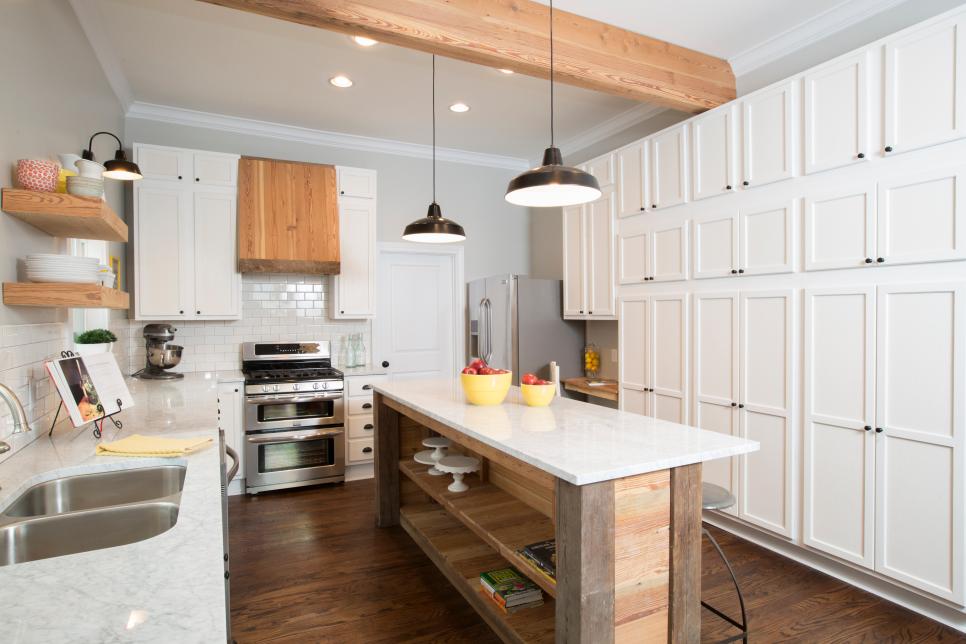 HGTV's Cousins Undercover incorporated a built-in cabinet that doubles as a  desk into a new design.