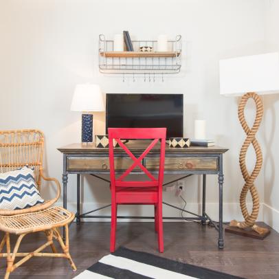 Coastal Home Office With Red Chair