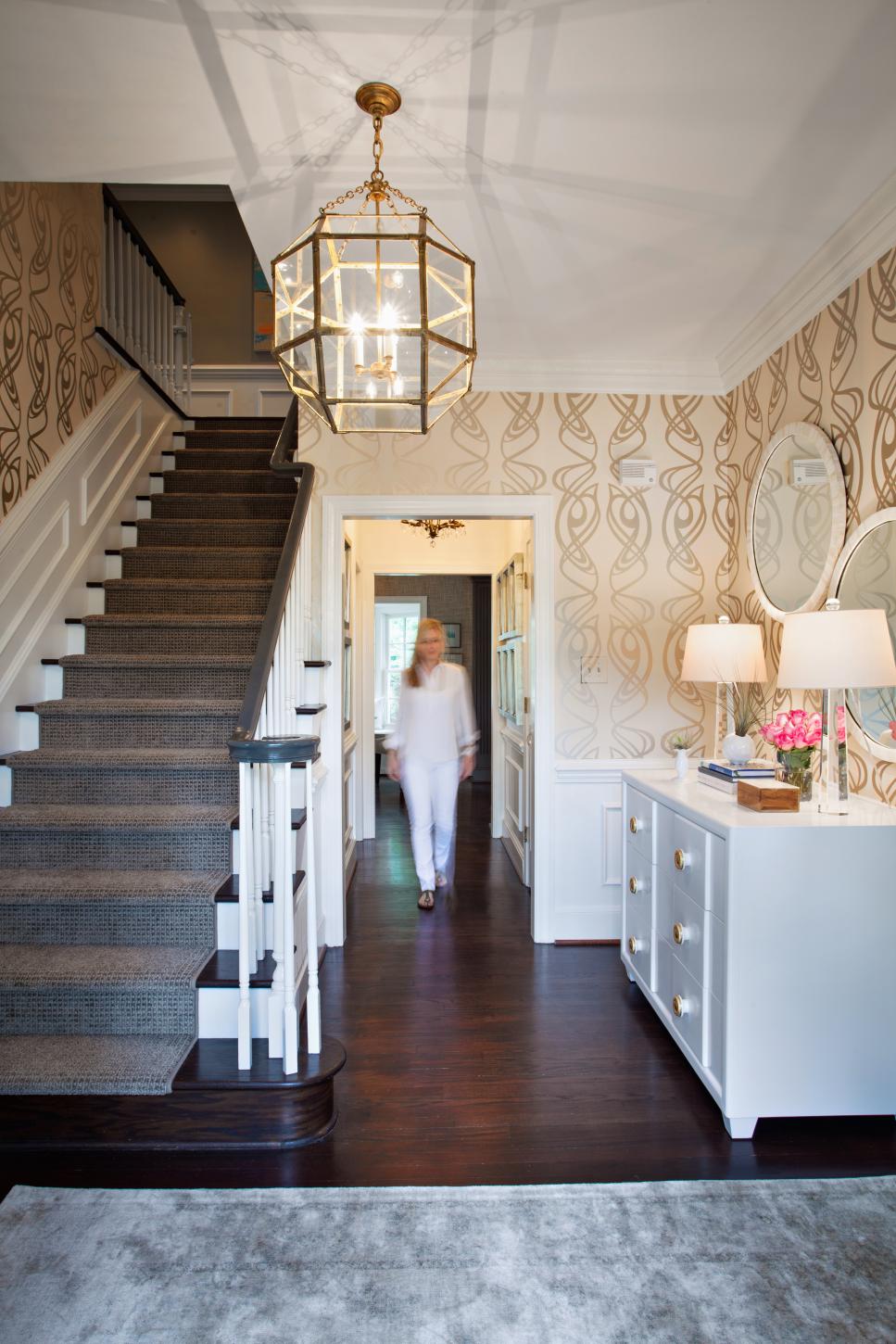 Foyer With Gold Light Fixture and Whimsical Wallpaper Foyer With Gold Light Fixture and Whimsical Wallpaper