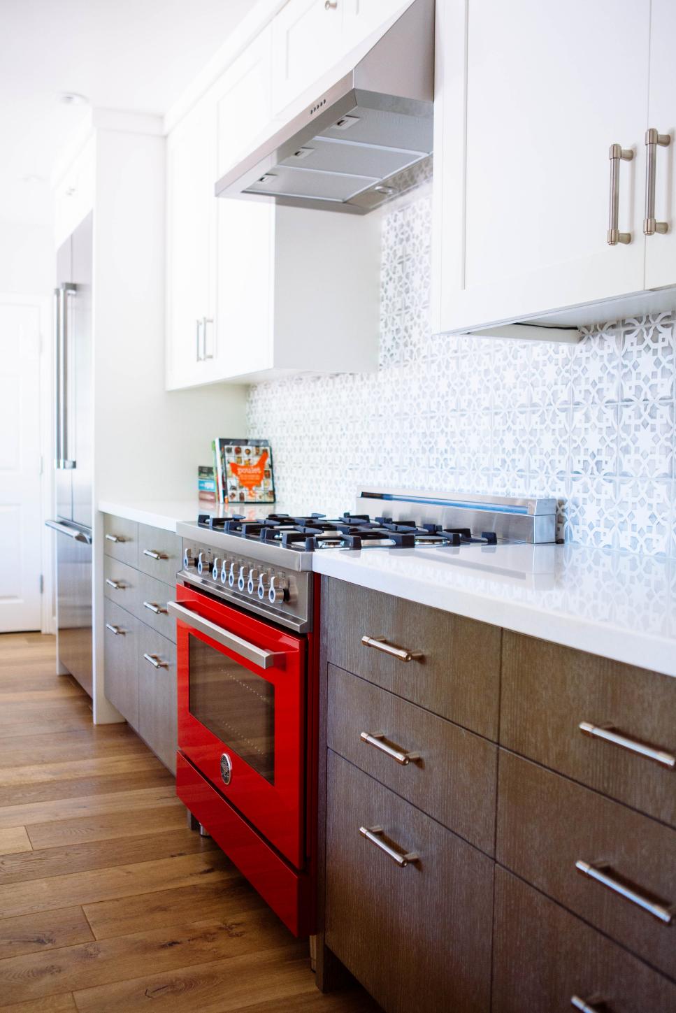 Lovely Galley Kitchen Features Bold Red Oven Contemporary Kitchen With Red Oven & Brown & White Cabinets