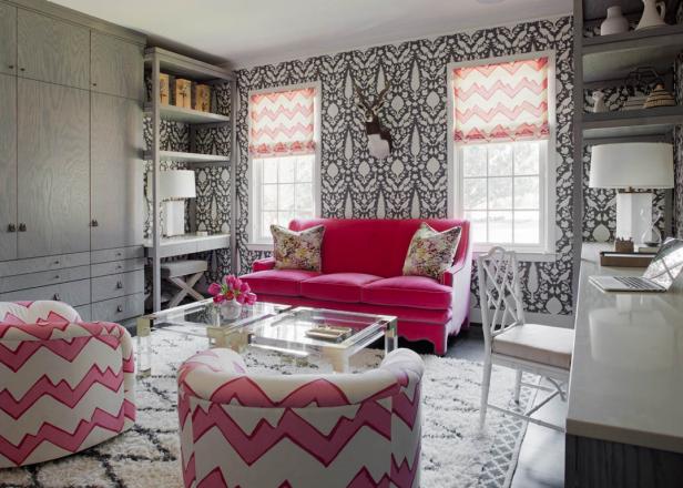 Gray Contemporary Sitting Room With Pink Sofa Gray Contemporary Sitting Room With Pink Sofa