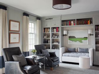 Gray Transitional Sitting Room With Leather Armchairs