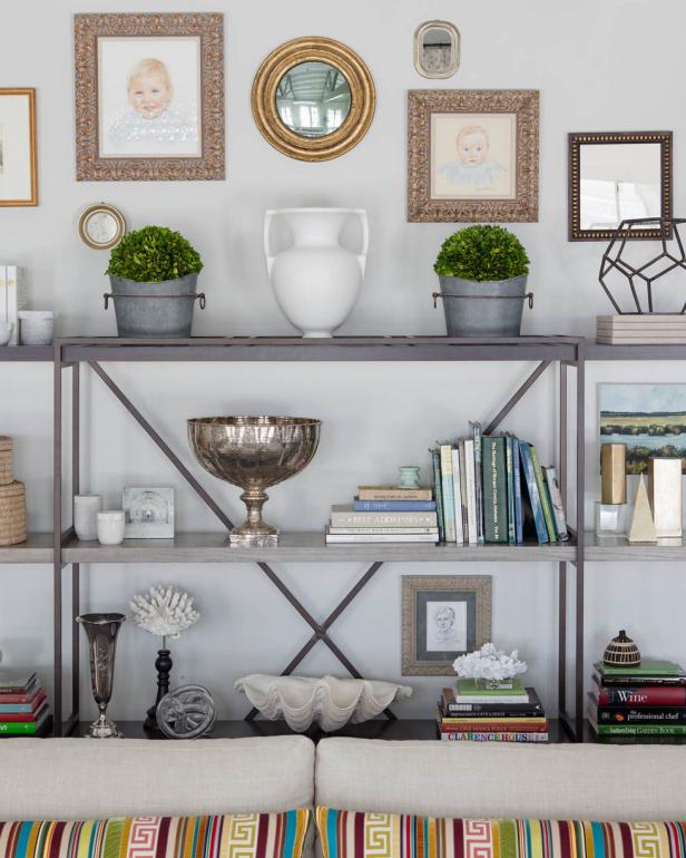 Open Shelf With Books and Topiaries Open Shelf With Books and Topiaries