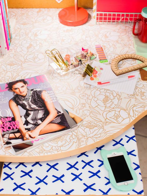 Dorm Room Desk Top Covered With White and Gold Peony Patterned Wallpaper Layered Over Blue and White Wallpaper Dorm Room Desk Top Covered With White and Gold Peony Patterned Wallpaper Layered Over Blue and White Wallpaper