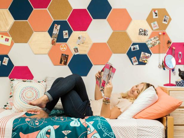 Dorm Room Takeover Bed With Cat Comforter, Hexagonal Patchwork Bulletin Board and Patterned Throw Pillows Dorm Room Takeover Bed With Cat Comforter, Hexagonal Patchwork Bulletin Board and Patterned Throw Pillows