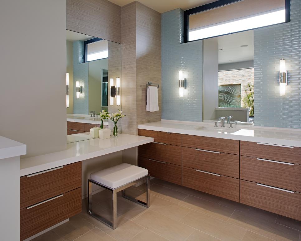 Contemporary Master Bathroom With Floating Vanities Neutral Contemporary Bathroom With Glass Tile Backsplash