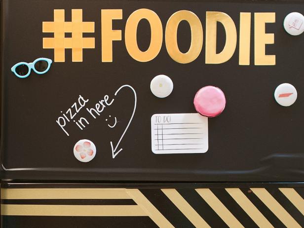 Chalkboard Adhesive Dorm Room Freezer Cover With Gold Lettering and Pink Magnets Chalkboard Adhesive Dorm Room Freezer Cover With Gold Lettering and Pink Magnets