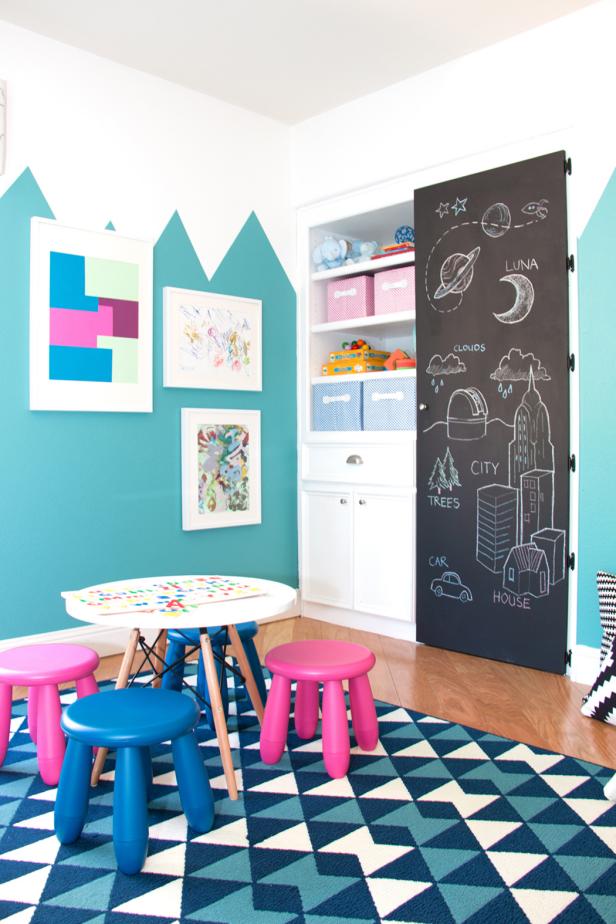 Contemporary Playroom Features Kids Table, Graphic Blue Rug & Chalkboard Door Contemporary Playroom Features Kids Table, Graphic Blue Rug & Chalkboard Door