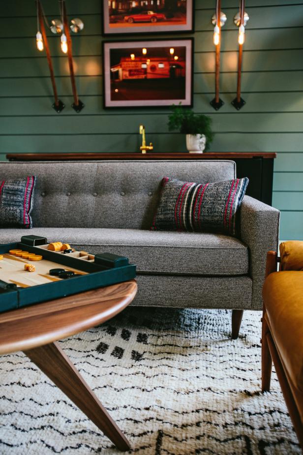 Gathering Room With Retro Gray Sofa Midcentury Modern Green Living Space With Gray Couch