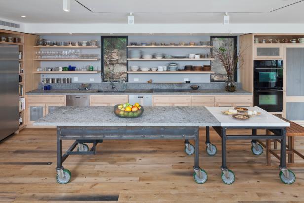 Contemporary Gray Kitchen With Light Wood Cabinets and Large Island