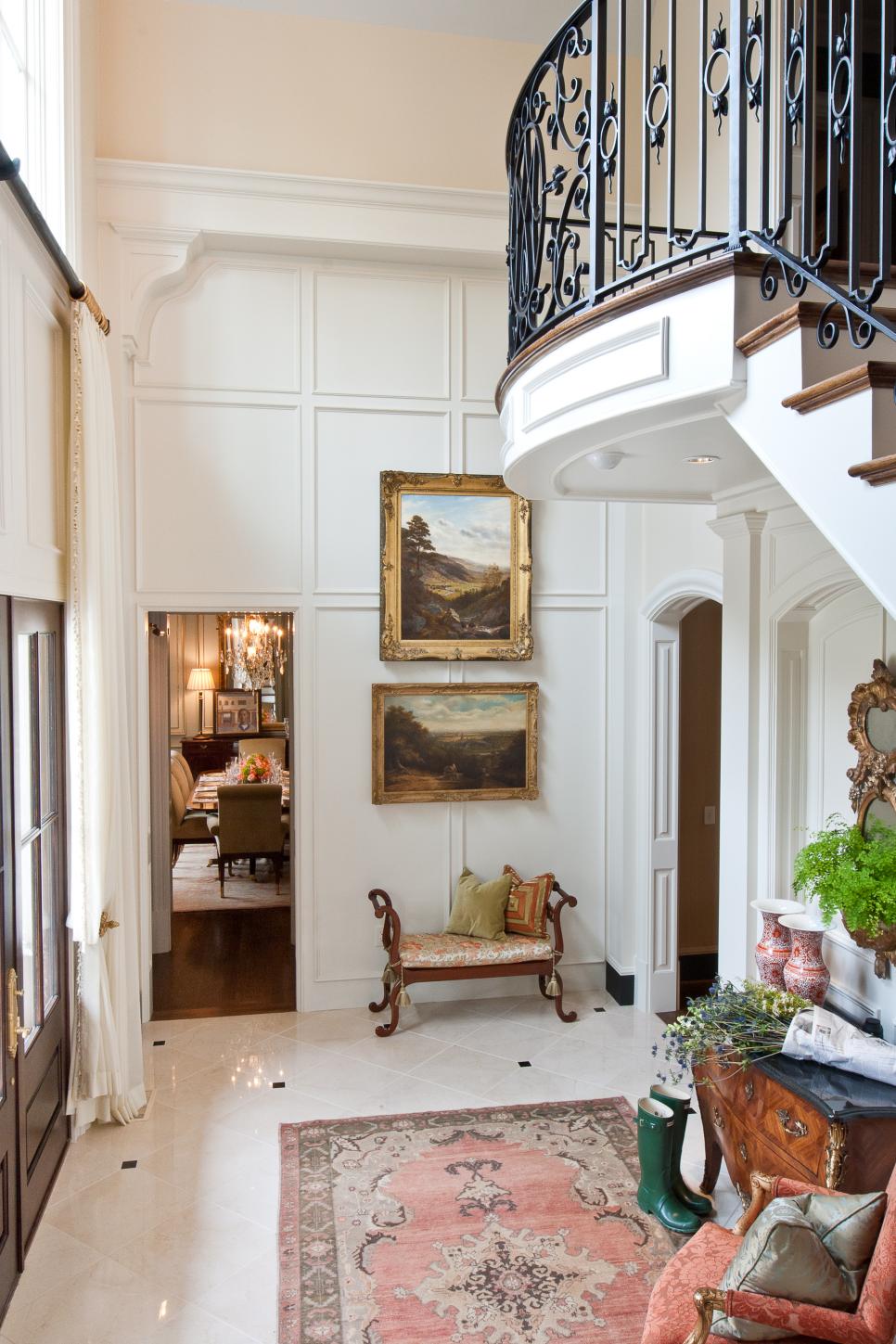 Entry Foyer White Traditional Formal Foyer With Tile Floor & Framed Paintings
