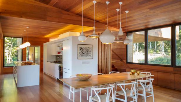 Neutral Modern Wood-Paneled Dining Room and Kitchen Neutral Modern Wood-Paneled Dining Room and Kitchen