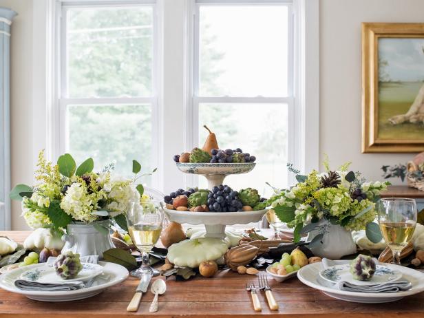 Symmetrical Fall Tablescape With Tall Centerpiece Symmetrical Fall Tablescape With Tall Centerpiece