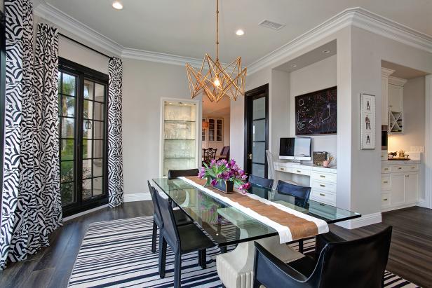 Black and White Transitional Dining Area With Striped Rug Black and White Transitional Dining Area With Striped Rug