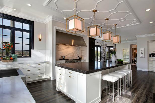 Transitional White Chef Kitchen With Cube Pendants Transitional White Chef Kitchen With Cube Pendants