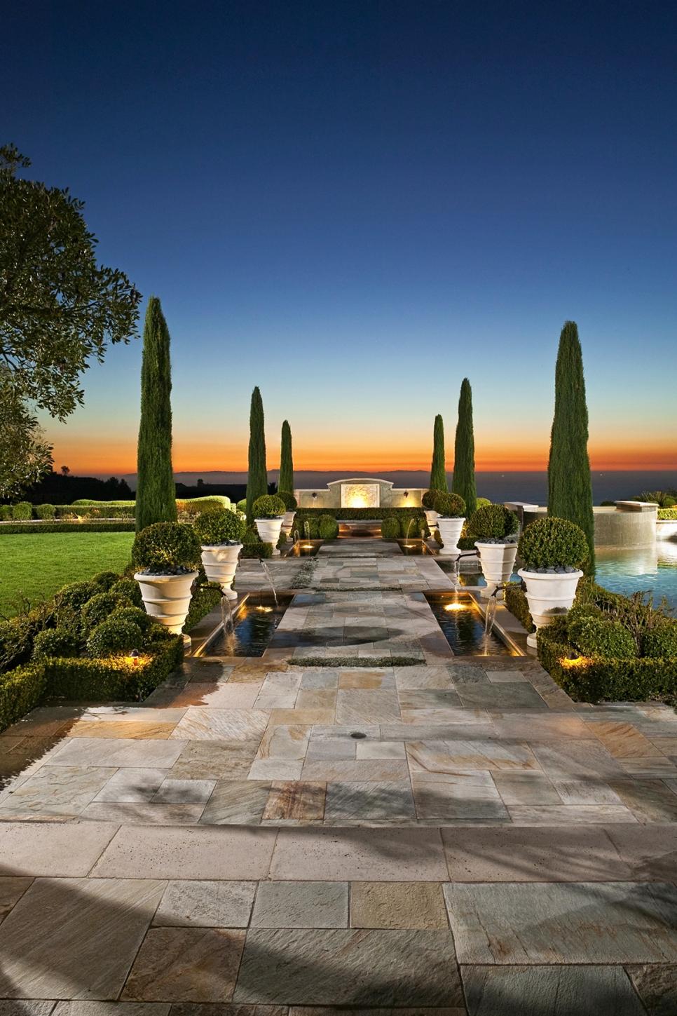 Elegant Walkway Beside Pool & Spa Stone Walkway With Pottery Fountains & Shrubs