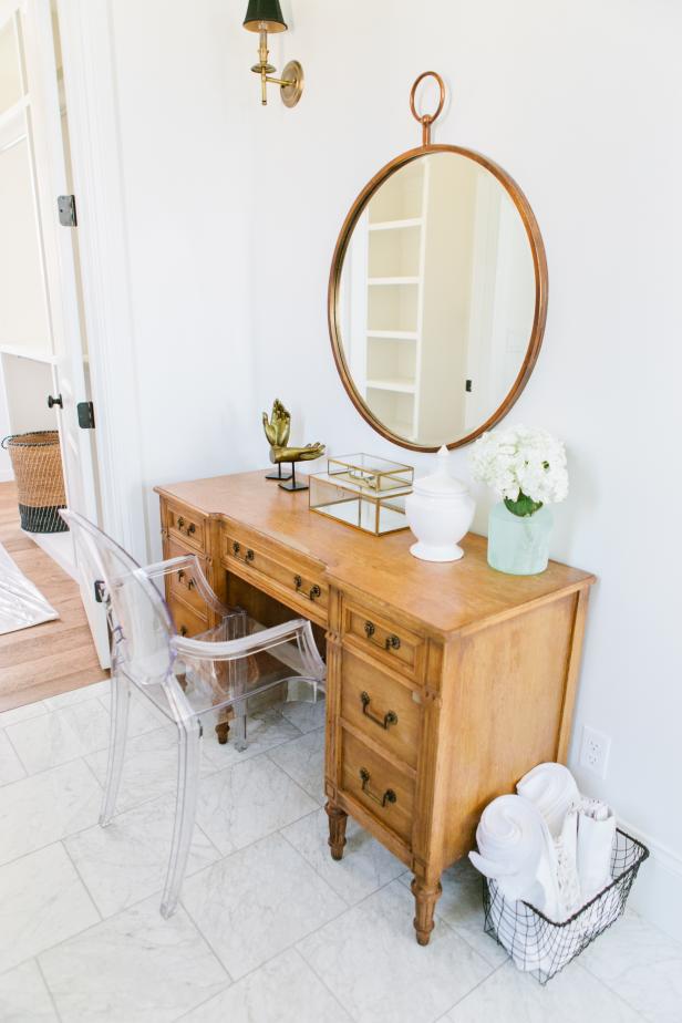 Makeup Vanity With Round Mirror & Lucite Armchair Makeup Vanity With Round Mirror & Lucite Armchair