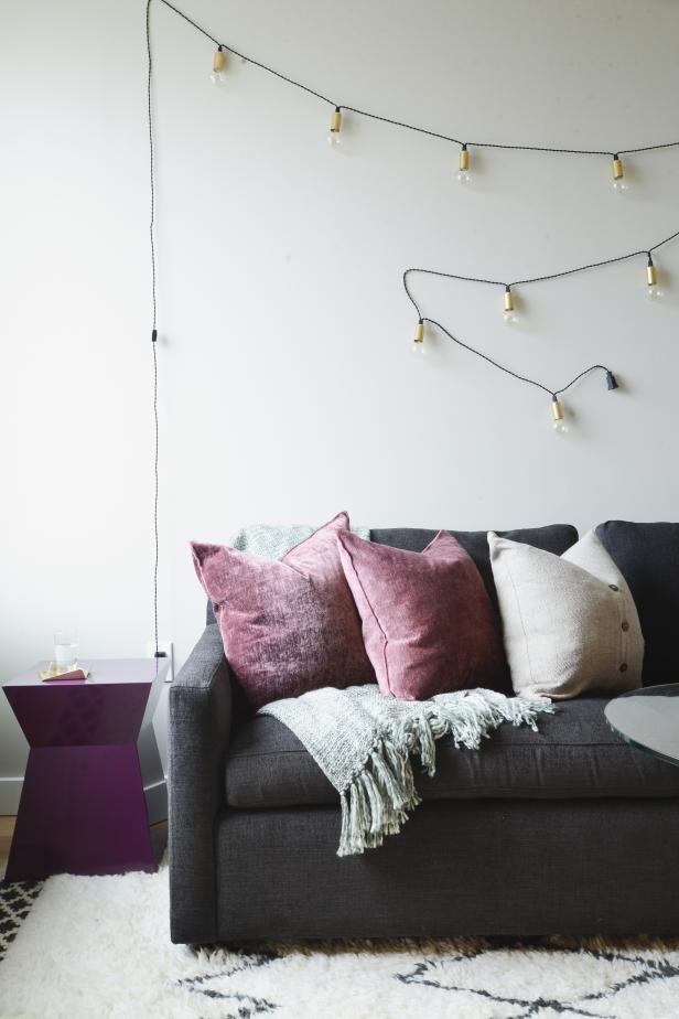 Vibrant Purple Accents Pop in Neutral Family Room Vibrant Purple Accents Pop in Neutral Family Room