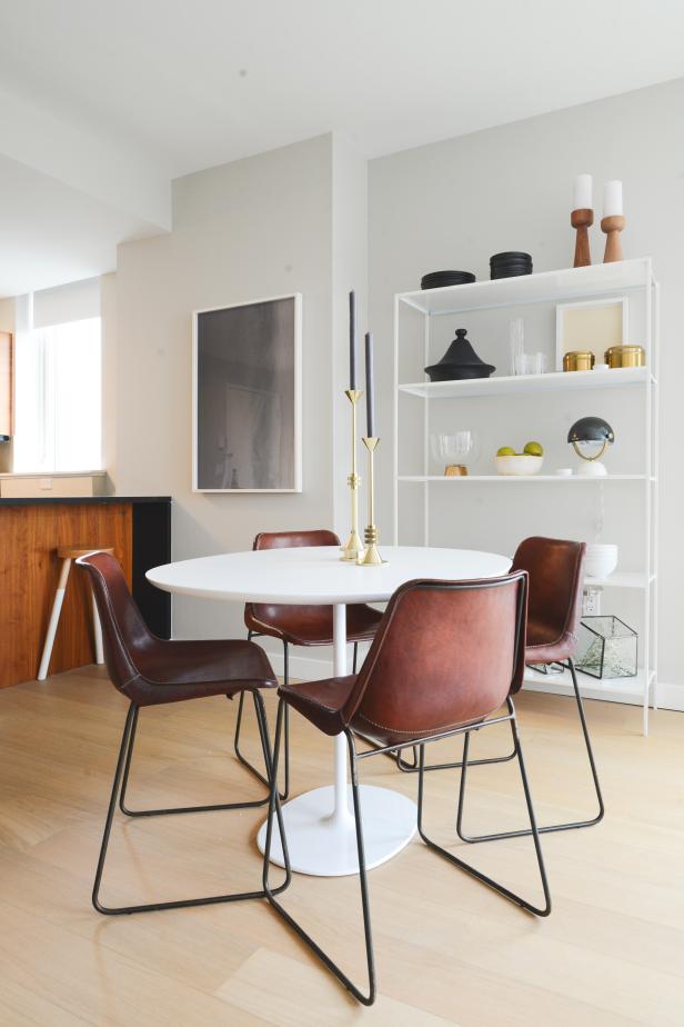 Chic Dining Area Features Modern White Dining Table Contemporary Neutral Dining Space With Leather and Metal Chairs
