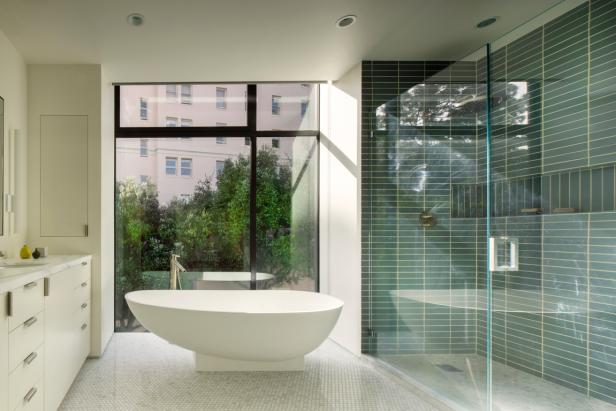 Sleek, Modern Bathroom With Freestanding Tub & Glass Shower Sleek, Modern Bathroom With Freestanding Tub & Glass Shower