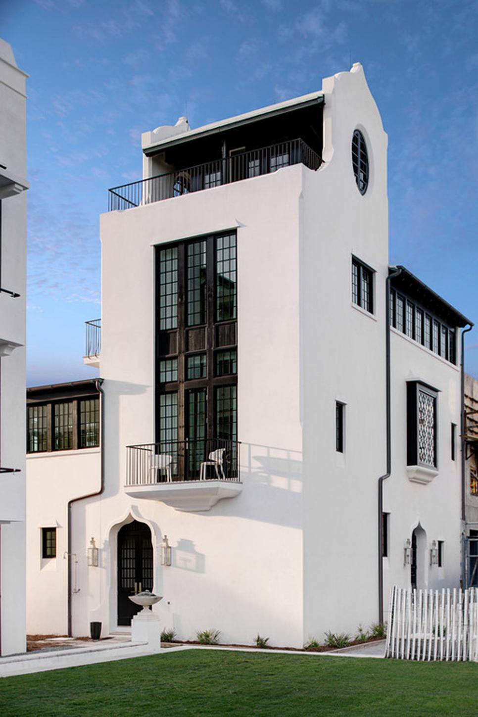Striking Black & White Mediterranean Home White Mediterranean Home Exterior With Black-Framed Doors