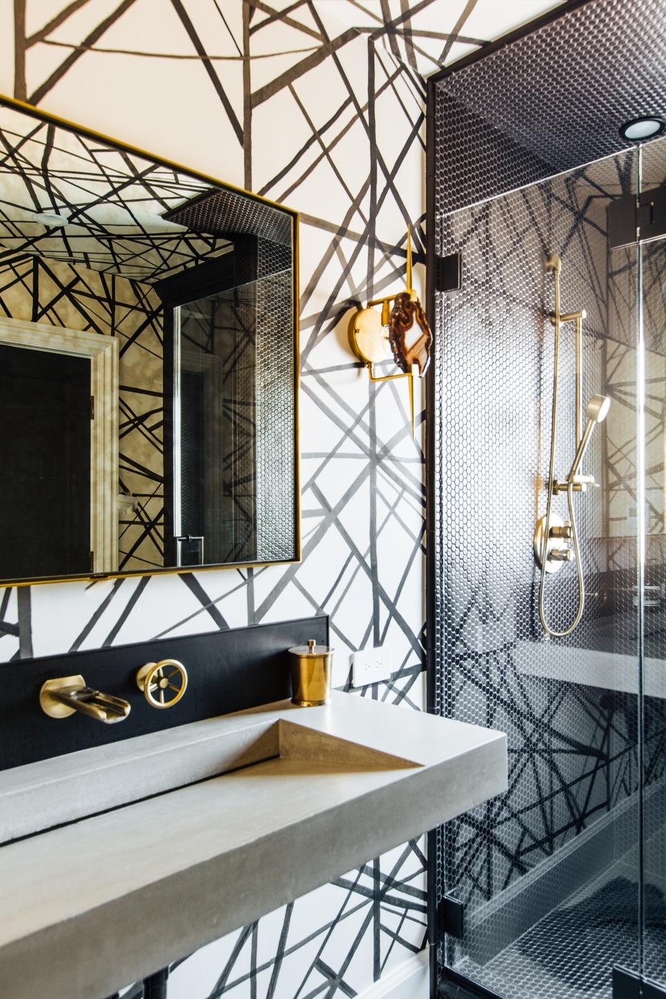 Small Guest Bathroom with Graphic Wallpaper Sleek, Sophisticated Bathroom