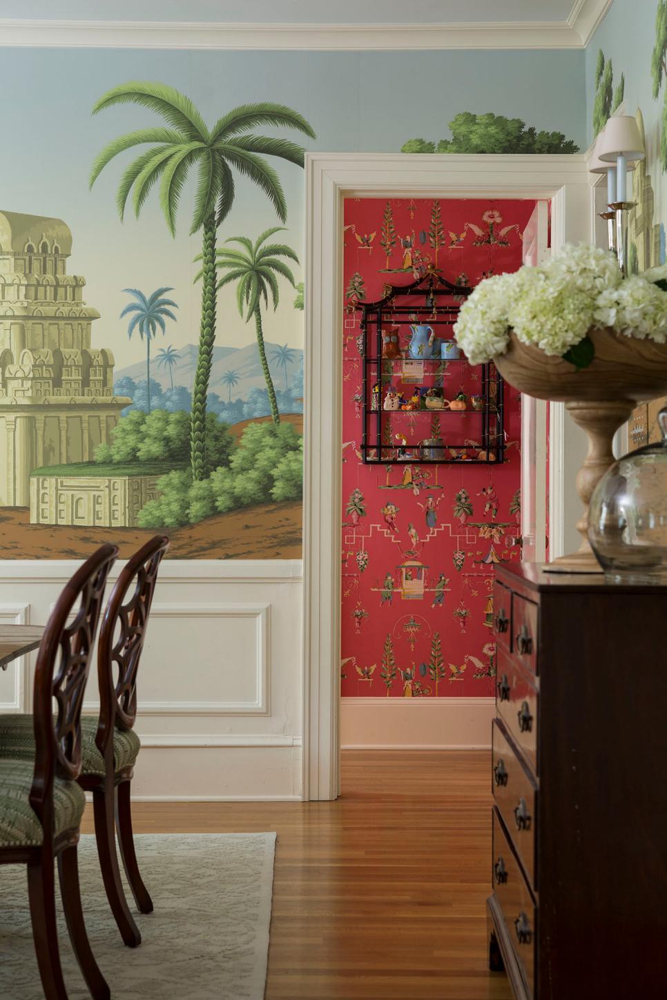 Wallpaper Creates Interest in Traditional Home Dining Room With Traditional Wainscoting and Indian-Inspired Wallpaper