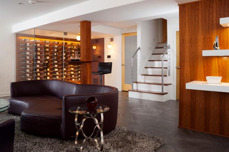 Contemporary Basement With Glass-Enclosed Wine Room