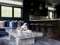 Contemporary Navy Blue Living Room Next to Kitchen