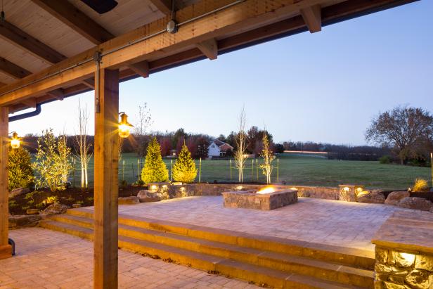 Paver Patio With Stone Steps and Square Fire Pit Paver Patio With Stone Steps and Square Fire Pit