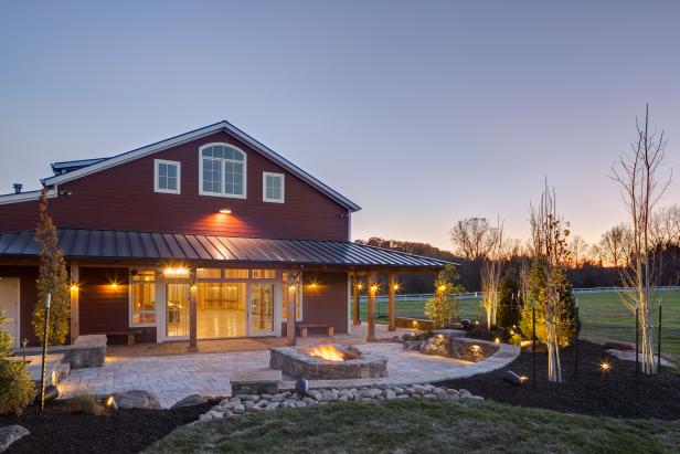 Red Party Barn Exterior With Back Patio With Square Fire Pit Red Party Barn Exterior With Back Patio With Square Fire Pit