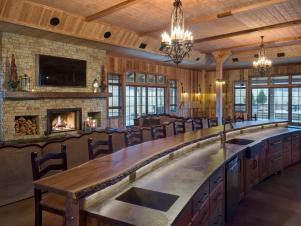 Long Bar With Wood Barstools in Rustic Great Room Long Bar With Wood Barstools in Rustic Great Room