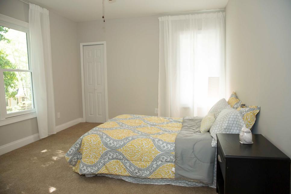 Contemporary Neutral Bedroom with Yellow and Gray Bed Linen Neutral Bedroom with Yellow and Gray Bed Linen and Black Nightstand