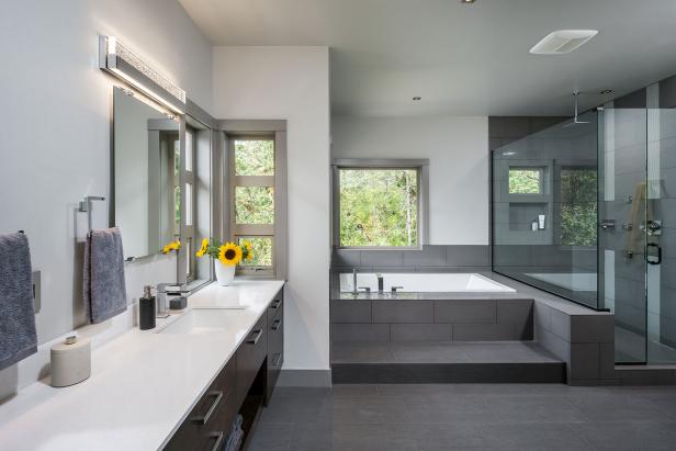 Gray, Contemporary Master Bathroom With Walk-In Shower
