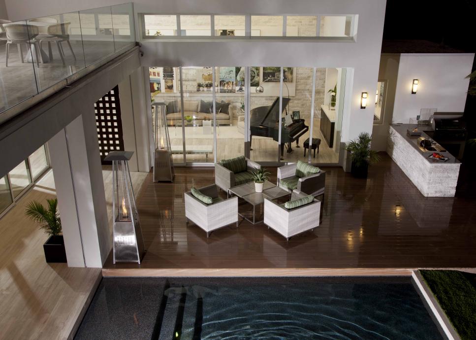Contemporary Poolside Seating Area Pool and Contemporary Deck With White Chairs