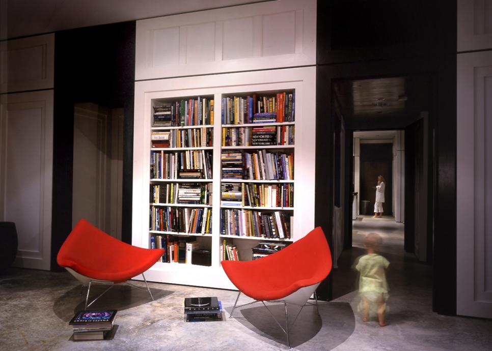 Contemporary Library With Red Chairs Library With Red Chairs