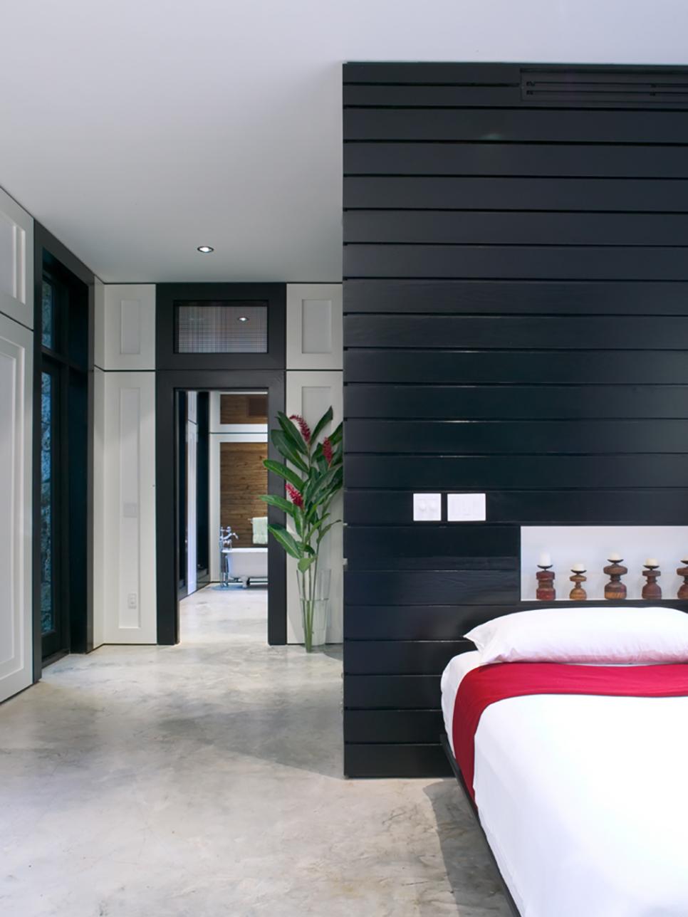 Black and White Contemporary Bedroom With Concrete Floor Black and White Contemporary Bedroom