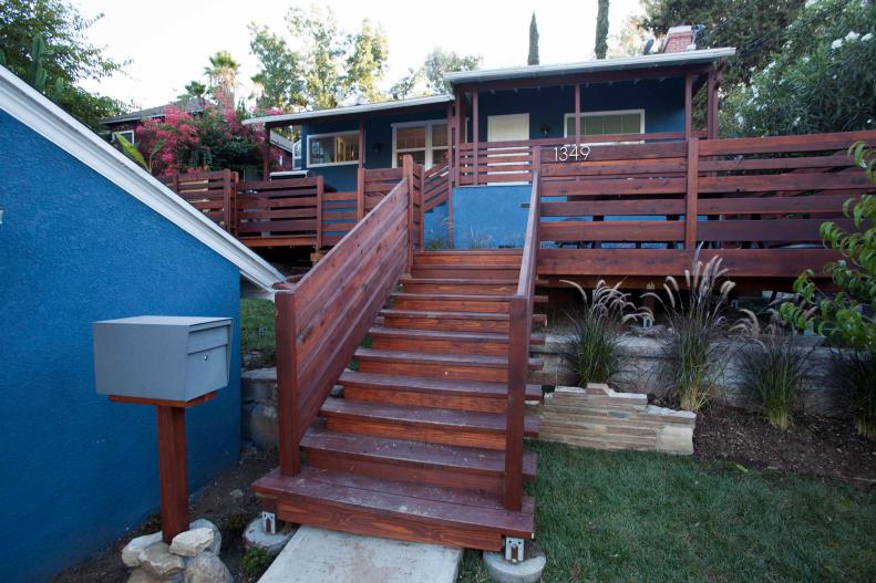 As seen on HGTV's House Hunters Renovation, homeowners Dax and Ashley Rohrer both wanted a unique home with lots of outdoor space, and they found that in this home in the Eagle Rock neighborhood of Los Angeles, California. The couple built a multi-layered deck in front of the house with several areas for dining and a grilling station, allowing them to take full advantage of southern California's mild weather. (exterior)