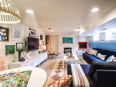 Colorful Living Space With Blue Stripe on Wall