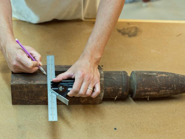 When working with salvaged wood, most of the time, pieces aren’t uniform. Use a tape measure to measure desired height of coffee table legs (17-20” is standard.) Mark with a pencil and draw a straight line, using a combo square or ruler as a guide. It is important that the line is straight and measurements are accurate, so table sits level. Cut along line with chop saw. Repeat on three other legs. Tip: Cut the first one and use it as a guide for marking and cutting the other three.
